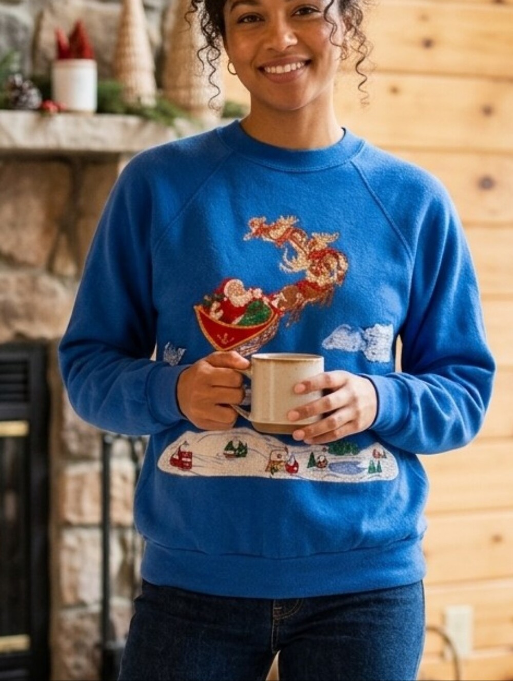 Vintage 90s Tultex Christmas Santa Reindeer Sweatshirt USA Made Hand Applique L